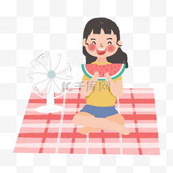 夏季室内图片_夏季室内吃西瓜吹风扇的小女孩