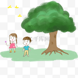儿童佩戴口罩图片_手绘卡通六一儿童节大树下草坪玩