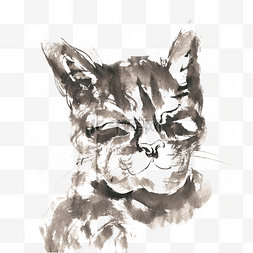 眯着眼的小猫水墨画PNG免抠素材