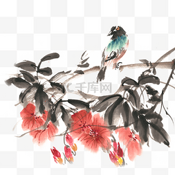 枝头上的小鸟水墨画PNG免抠素材