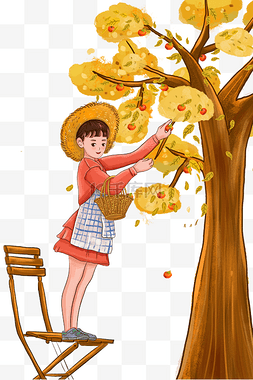 秋天摘果子图片_立秋二十四节气小女孩摘果子