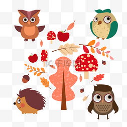 小鸟动物图片_手绘秋天森林动物组合元素