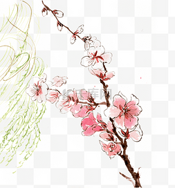 水墨画柳图片_春天的柳枝与桃花