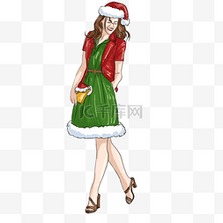 商场促销绿色图片_圣诞节服装女孩模特促销插画元素
