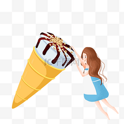 美食小甜点手绘图片_简约做冰激淋的女孩插画海报免抠