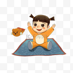 小女孩和熊图片_儿童节暖色手绘卡通坐飞毯的小女