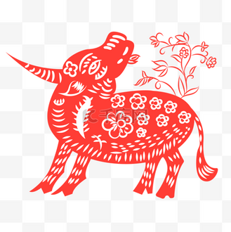 牛红色剪纸图片素材_中国剪纸风格红色窗花牛