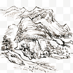 手绘山水线描图片_群峦叠嶂