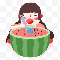 夏季吃西瓜的开心女孩