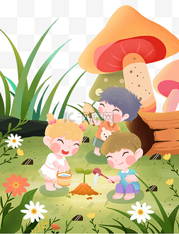 植树节孩子图片_3.12植树节种树儿童蘑菇