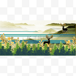 山水唯美意境风景图片_现代麋鹿山水绿色简约装饰画