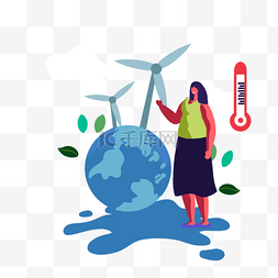 红色变绿色图片_手绘全球变暖风力发电插画