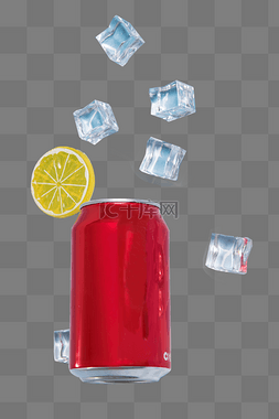 红色可乐瓶冰块柠檬组