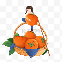 丰收之坐在筐上怀抱柿子的女孩