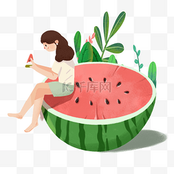 夏暑女孩坐在西瓜上吃西瓜PNG
