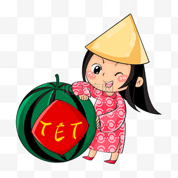 越南新年抱着西瓜的小女孩