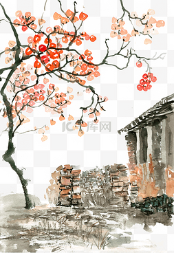 手绘中国风秋天图片_秋天的民居
