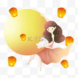 中秋节抱着月亮的女孩素材