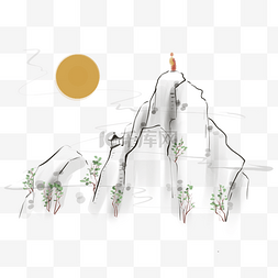 中国古风风景图片_水墨画登山和僧人
