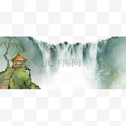 山水水墨亭子图片_飞流直下水墨山水画