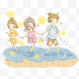 小清新背景高清图片_夏日好朋友手拉手海滩玩水插画PNG