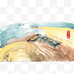 水彩手绘海边图片_旅游金沙滩
