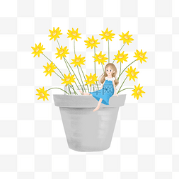 小清新花蓝图片_夏季盛开的黄色花朵和蓝衣女孩