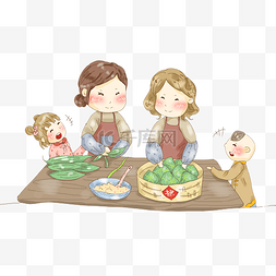 端午节素材节日素材图片_端午节一家人包粽子吃粽子温馨插