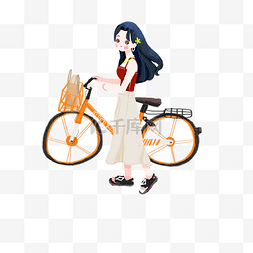 出行的女孩图片_卡通推自行车的女孩