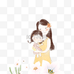 草地动漫图片_卡通妈妈抱着女孩免抠图