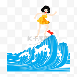 蓝色手绘旅游图片_免扣卡通女孩冲浪