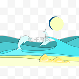 海豚风景图片_沙滩立体剪纸装饰图