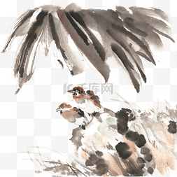 雨写实素材图片_芭蕉叶下的小鸟水墨画PNG免抠素材