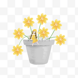 唯美的小花朵图片_盛开的黄色花朵和小女孩