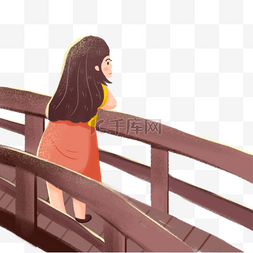 清新可爱女孩图片_手绘卡通木桥上的女孩免扣元素