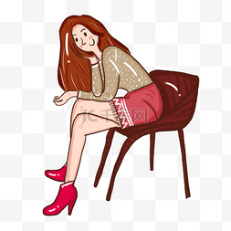 手绘插画简约清新坐着椅子的少女
