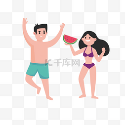 夏天海边吃西瓜的人物素材