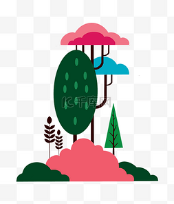 扁平夏季插画植物图片_春天春季多彩森林插画扁平树木丛