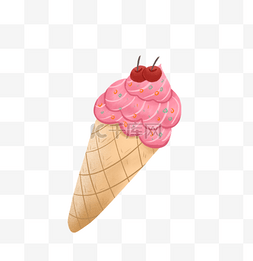 甜筒上的冰淇淋球图片_手绘卡通粉色冰激凌蛋卷免扣元素