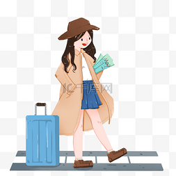 穿风衣带行李箱旅行的女孩