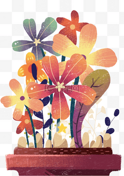 手绘的红色小花图片_手绘卡通花盆里的花朵免扣元素
