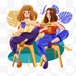 夏天坐在凳子上喝咖啡的两个女孩