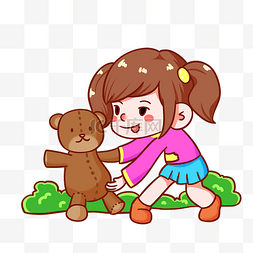 抱熊小女孩图片_儿童节抱着小熊的女孩手绘