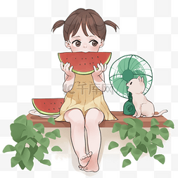 夏天的水果手绘图片_夏天吃西瓜乘凉的女孩