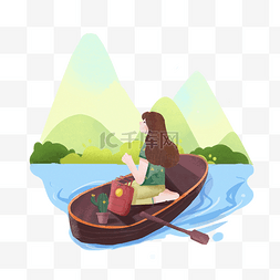 女孩划船出游看风景PNG素材