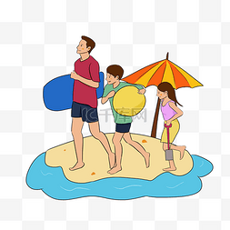 夏日海边沙滩玩耍图片_夏天去冲浪降温手绘插画