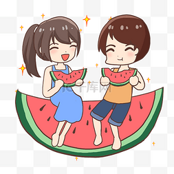 夏日炎热和伙伴吃西瓜