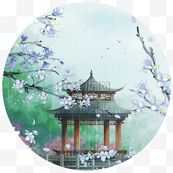 水墨国画梅花图片_梅雨花亭雨中楼阁