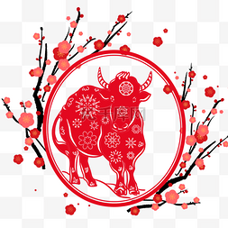 春节拜年剪纸图片_红色梅花边框牛剪纸