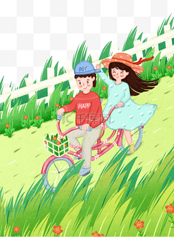 手绘卡通乡间小路骑自行车的孩子